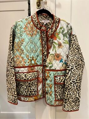 Johnny Was Quilted Patchwork Puffer Jacket in Aqua, Cream & Brown Leopard